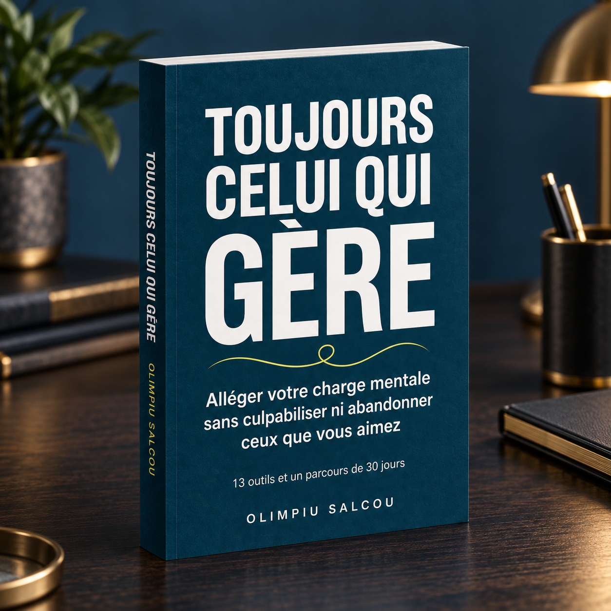 Livre Toujours celui qui gère d’Olimpiu Salcou présenté en perspective sur un bureau